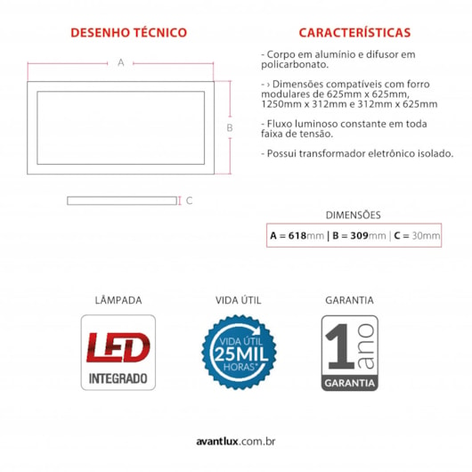 Painel Modular LED Plafon de Embutir 25W Retangular 31,2x62,5cm Luz Neutra 4000K Bivolt Avant - Imagem principal - fa316c87-4938-4058-97db-e5501df882db