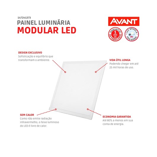 Painel Modular LED Plafon de Embutir 45W Quadrado Luz Branca 6500K Bivolt Avant 62,5cm  - Imagem principal - 8164891b-7f6c-491b-beee-bdbf2f657971