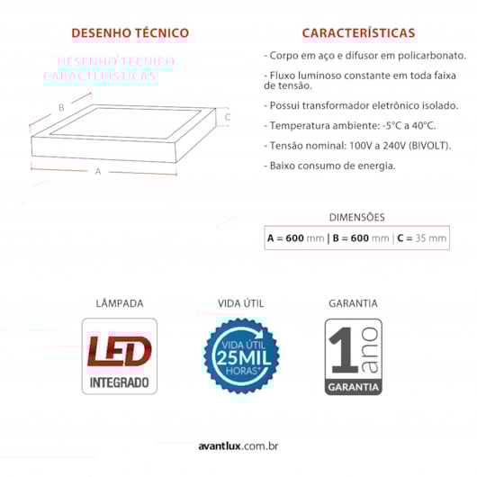Painel Modular LED Plafon de Sobrepor 45W Quadrado 60cm Luz Amarela 3000K Bivolt Avant - Imagem principal - ddb7594c-edf7-4ea6-a68e-97241408fb0f