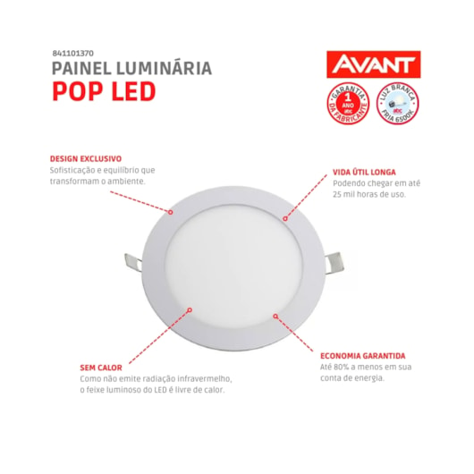 Painel Pop LED De Embutir 18W Redondo Luz Branca 6500K Bivolt Avant 22cm  - Imagem principal - 3a66d427-ae04-48e7-b4b9-505d0bcd3602