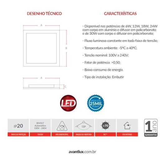 Painel Pop LED De Embutir 6W Quadrado 12cm Luz Amarela 3000K Bivolt Avant - Imagem principal - 5aaf937f-cd6f-4fb2-ba5a-1bf60415924f