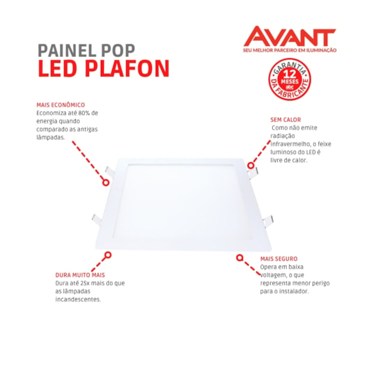 Painel Pop LED De Embutir Em Aluminio 24W Quadrado 30cm Luz Branca 6500K Bivolt Avant - Imagem principal - bbda6e5e-2322-45df-8893-bf2e4640e388