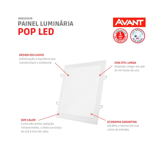 Painel Pop LED De Embutir Quadrado Plafon Em Alumínio Luz Branca 6500K Bivolt Avant 18W 22cm  - Imagem principal - 17d39b08-848a-4db4-9ad9-cf6ae76be425