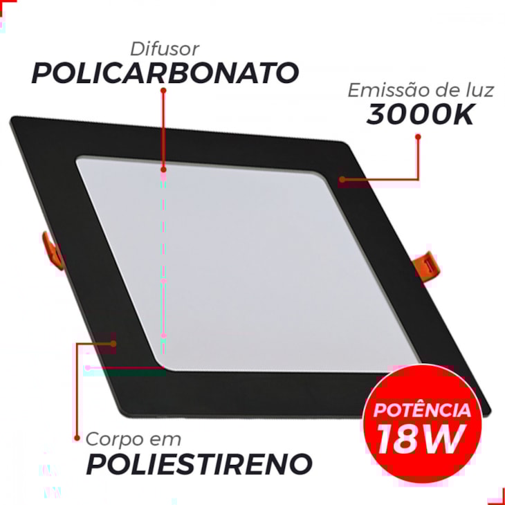 Painel Pop Led De Sobrepor 18w Quadrado 22 Preto Luz Amarela 3000k Avant