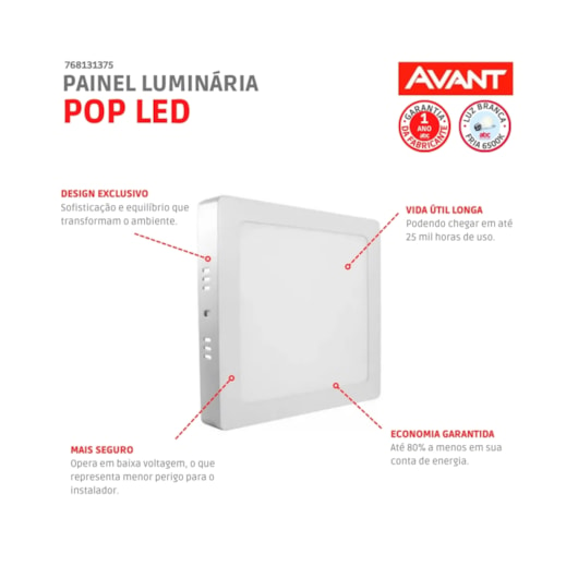 Painel Pop LED De Sobrepor Em Aluminio 24W Quadrado Luz Branca 6500K Bivolt Avant 30cm  - Imagem principal - 2325ff8b-15d3-446d-9ee8-228ac15f083a