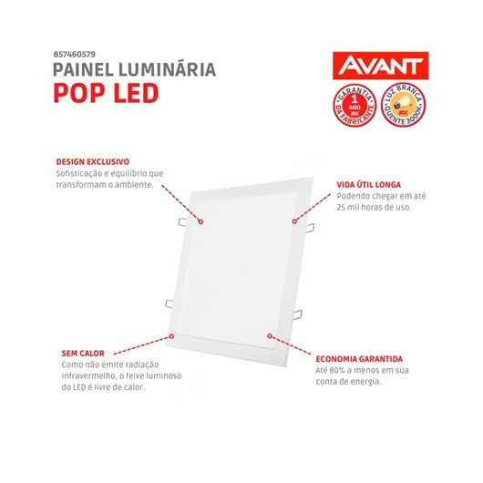 Painel Pop LED Plafon De Embutir 12W Quadrado 17cm Luz Amarela 3000K Bivolt Avant - Imagem principal - ea805271-8d9c-45ce-8200-e4ad3e374420