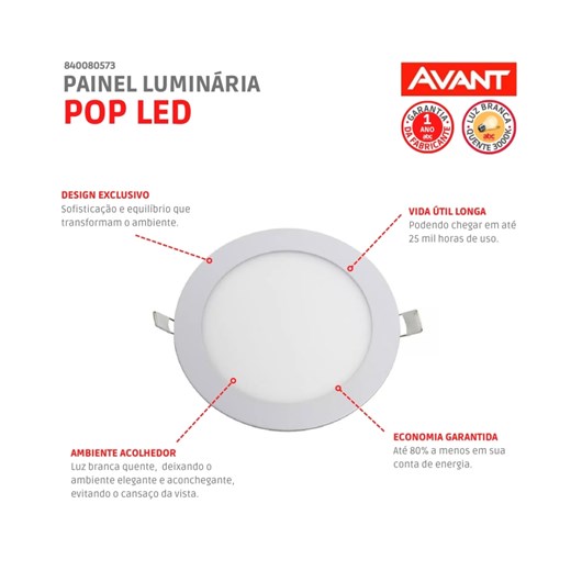 Painel Pop LED Plafon De Embutir 12W Redondo 17cm Luz Amarela 3000K Bivolt Avant - Imagem principal - fdcd4ce4-8df1-40f3-9cdd-43b1abd945b7