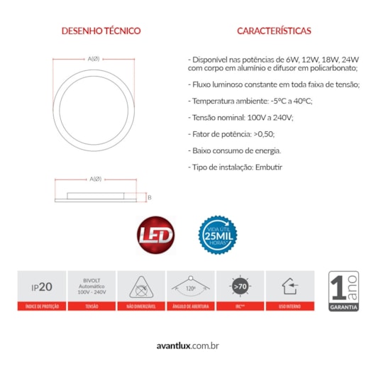 Painel Pop LED Plafon De Embutir 12W Redondo 17cm Luz Neutra 4000K Bivolt Avant - Imagem principal - b347eebc-169a-4f58-a245-7cfc90bd2c44