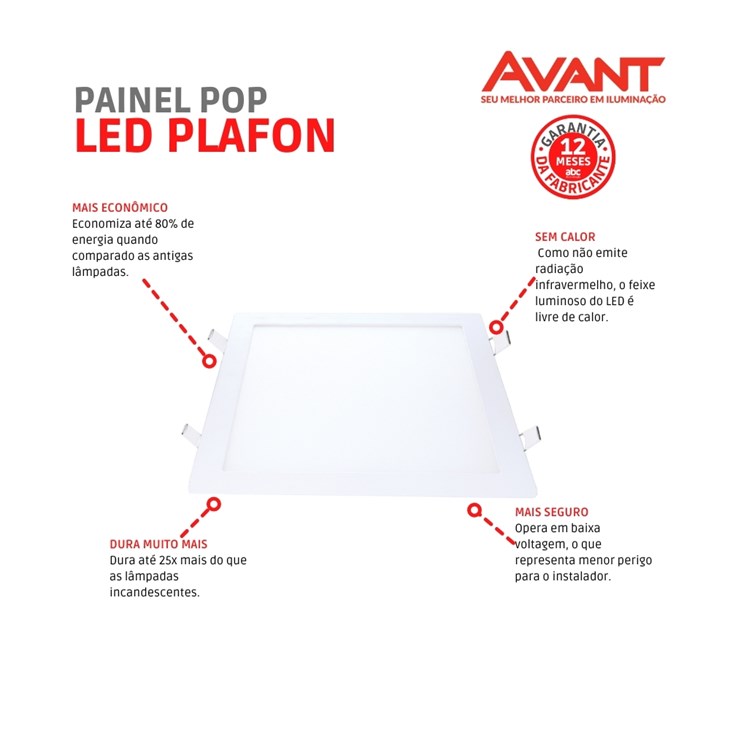 Painel Pop LED Plafon De Embutir 18W Quadrado 22cm Luz Neutra 4000K Bivolt Avant