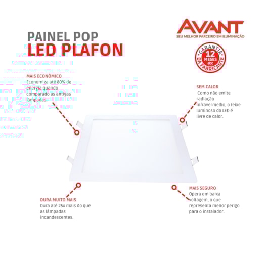 Painel Pop LED Plafon De Embutir 30W Quadrado Luz Neutra 4000K Bivolt Avant 40cm - Imagem principal - c98a7f04-6587-4f7e-b50c-a521ef1efe5d