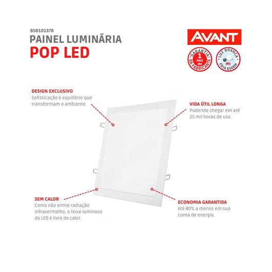Painel Pop LED Plafon De Embutir Em Aluminio 18W Quadrado 22cm Luz Branca 6500K Bivolt Avant - Imagem principal - e24bc19e-f148-4c9b-a05e-4b1215e40c94