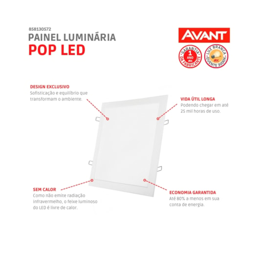 Painel Pop LED Plafon De Embutir Quadrado Luz Amarela 3000K Bivolt Avant 24W 30cm - Imagem principal - b691a806-67d8-4ef0-aa7e-22099976b6e6