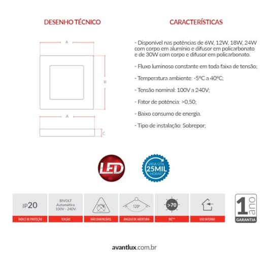 Painel Pop LED Plafon De Sobrepor 12W Quadrado 17cm Luz Amarela 3000K Bivolt Avant - Imagem principal - c6c9078a-174e-479c-b6f5-2a048ba1ead4