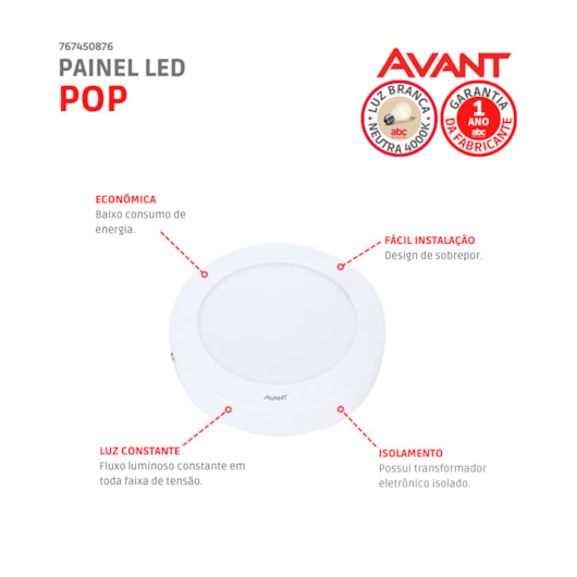 Painel Pop LED Plafon De Sobrepor 12W Redondo 17cm Luz Neutra 4000K Bivolt Avant - Imagem principal - e06c7bf7-6216-48f4-9cd5-bc138bc54fbf