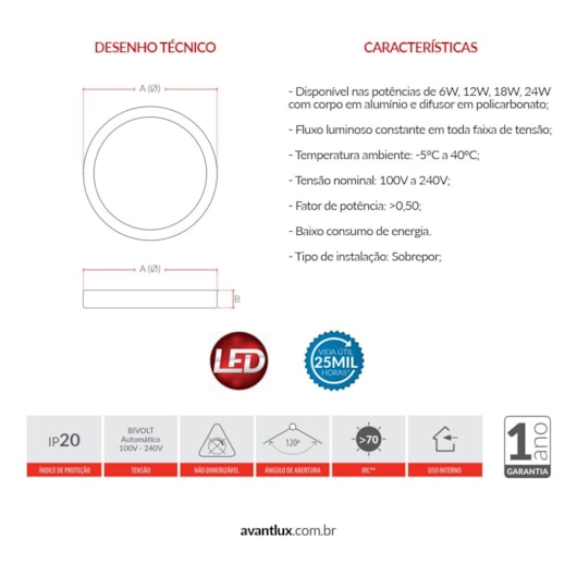 Painel Pop LED Plafon De Sobrepor 12W Redondo 17cm Luz Neutra 4000K Bivolt Avant - Imagem principal - 7928361e-5b7a-4e99-ab56-ee0b0a7631cd