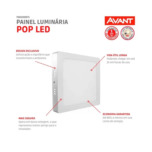 Painel Pop LED Plafon De Sobrepor 18W Quadrado 22cm Luz Neutra 4000K Bivolt Avant - Imagem principal - 9a1ca4b1-1dd6-4c88-a7b7-1f413e31301b