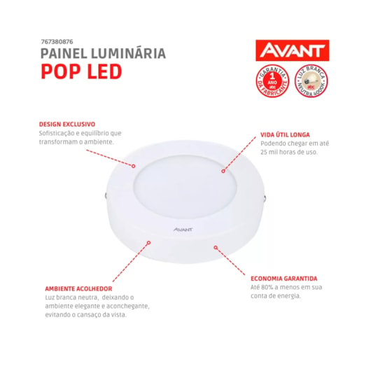 Painel Pop LED Plafon De Sobrepor 6W Redondo 12cm Luz Neutra 4000K Bivolt Avant - Imagem principal - 21a7ce84-88c7-426e-ab0c-fc777ba24524