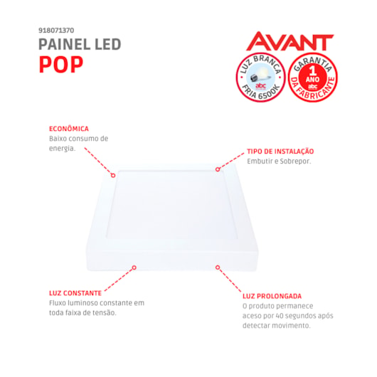 Painel Pop LED Plafon De Sobrepor Com Sensor de Presenca 18W Quadrado 21cm Luz Branca 6500K Bivolt Avant - Imagem principal - 5334fadb-07c6-46c2-978f-42131d644170