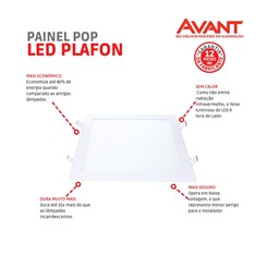 Painel Pop LED Plafon De Sobrepor Em Aluminio 18W Quadrado 22cm Luz Branca 6500K Bivolt Avant