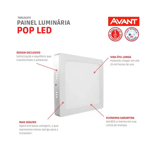 Painel Pop LED Plafon De Sobrepor Em Aluminio 24W Quadrado 30cm Luz Branca 6500K Bivolt Avant - Imagem principal - 91870782-f8d3-48ff-a2e4-b16d4aebeb8d