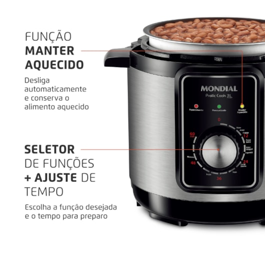 Panela De Pressão Elétrica PE47 Preto E Inox Mondial 3L 127V 700W - Imagem principal - a730a85a-7805-4043-95c5-cdb2ba2b97bd