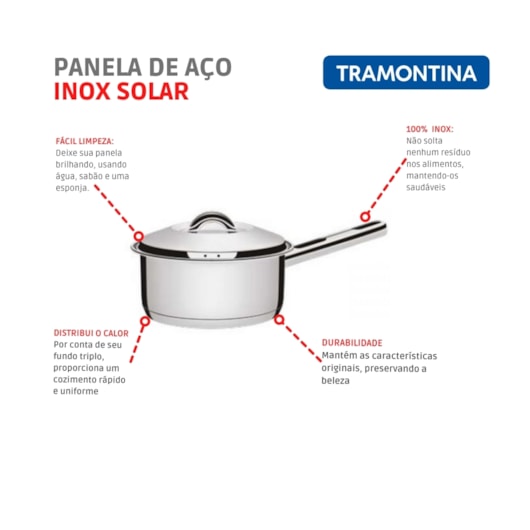 Panela Em Aço Inox Com 1 Cabo E Tampa Solar Tramontina 1,4L - Imagem principal - d282102c-8356-49ab-b602-4a51cb682497
