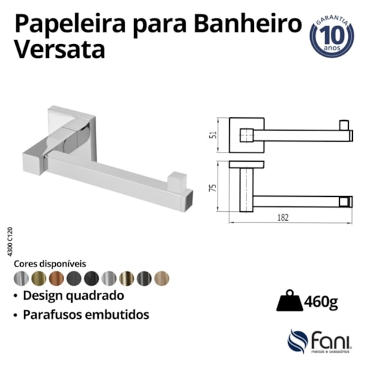 Papeleira Sem Cobertura Para Banheiro Versata 120 Cromado Fani - Imagem principal - db2447e0-75e7-4e98-b5b0-b37ae7970588