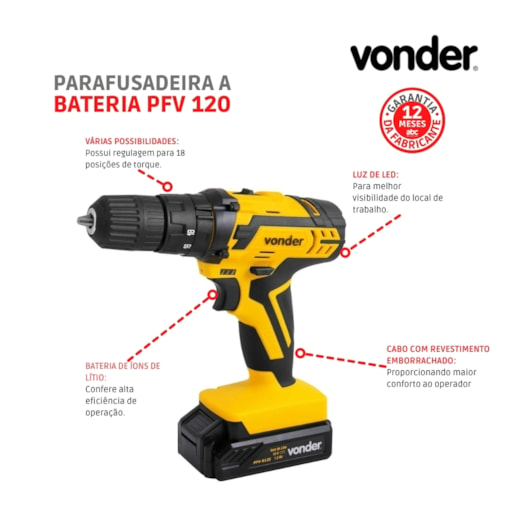 Parafusadeira E Furadeira A Bateria 12V PFV 120 Vonder Bivolt  - Imagem principal - 191c40b8-2fd8-442f-aa53-ed43c076cbcc