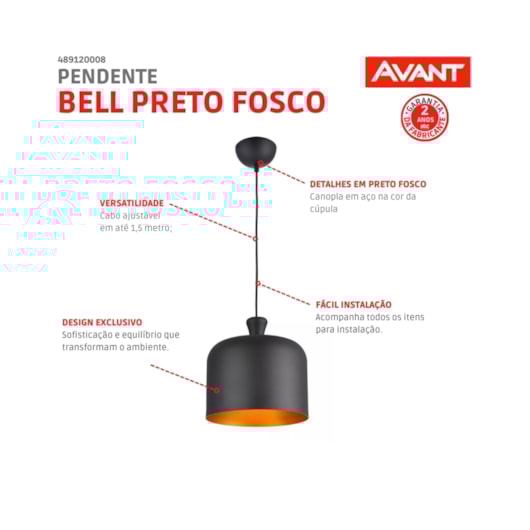 Pendente Bell Aço Preto Fosco 280mm Avant 1 Lâmpada E27 - Imagem principal - 8ceb1041-ce58-4fd7-b4a9-a8c966ac7fbc