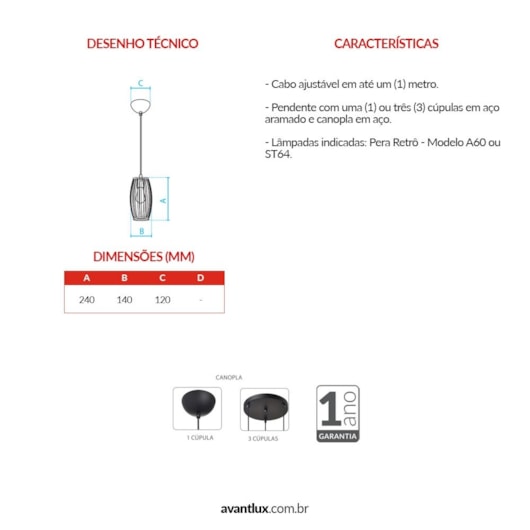 Pendente De Aço Dolium Para 1 Lâmpada Preto Fosco E27 Avant - Imagem principal - c6a9a34e-4b5d-4489-a072-ca424ad7435f