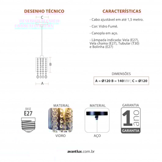 Pendente Versailles Vidro Fumê Canopla Cromado Avant 1 Lâmpada E27 - Imagem principal - 77b2b327-401b-4426-95e4-3abea33a2b56