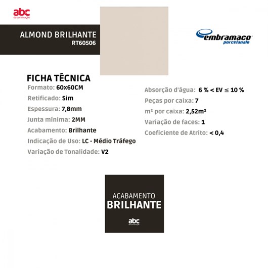 Piso Cerâmico Embramaco Almond Brilhante 60x60cm Bege Retificado  - Imagem principal - 0cbd7dcd-876c-4708-95fc-a6e2ad0ddbf4