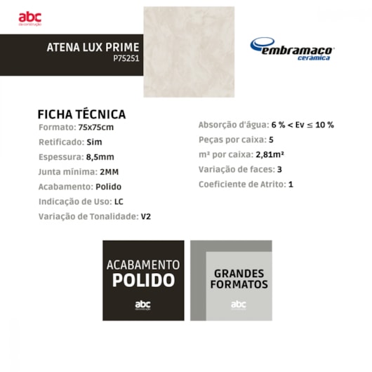 Piso Cerâmico Embramaco Atena Lux Prime P75251 75x75cm Retificado - Imagem principal - 6aad92e9-2a37-4b49-9298-34e57b2805ce