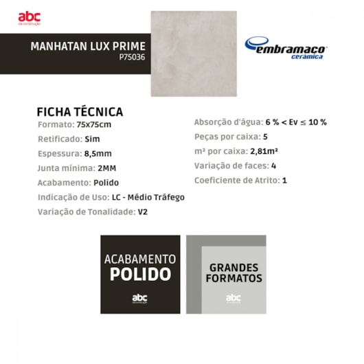 Piso Cerâmico Embramaco Manhatan Lux Prime P75036 75x75cm Retificado - Imagem principal - 572e210c-feac-41b9-bbde-c08308c5b6a7