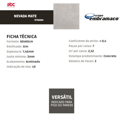 Piso Cerâmico Embramaco Nevada Mate Acetinado 60X60 Retificado - Imagem principal - 3a3e8543-6df0-4ca6-909c-d71d0b42740e