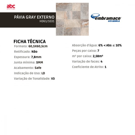 Piso Cerâmico Embramaco Pávia Gray Externo 60x60cm Pedra Bold  - Imagem principal - 4dbd2666-794c-4e6d-9b2f-1aa8e3356424