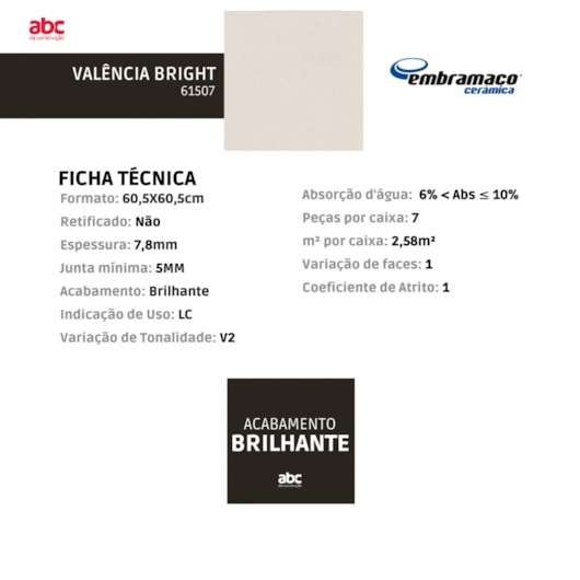 Piso Cerâmico Embramaco Valência Bright Brilhante 60x60cm Bold - Imagem principal - b13cad0a-0be7-4867-8239-21627be95919