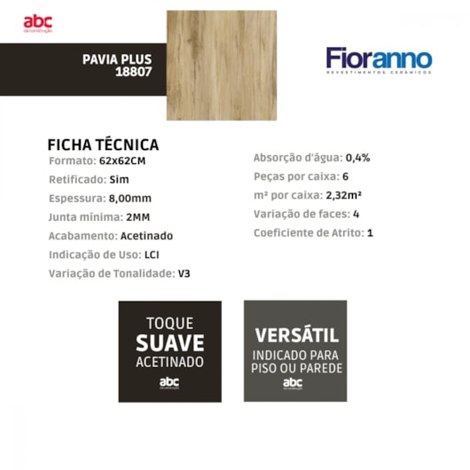 Piso Cerâmico Fioranno Pavia Plus Acetinado 62x62cm Retificado  - Imagem principal - 29f850e7-8133-47b3-8066-55ab57424610