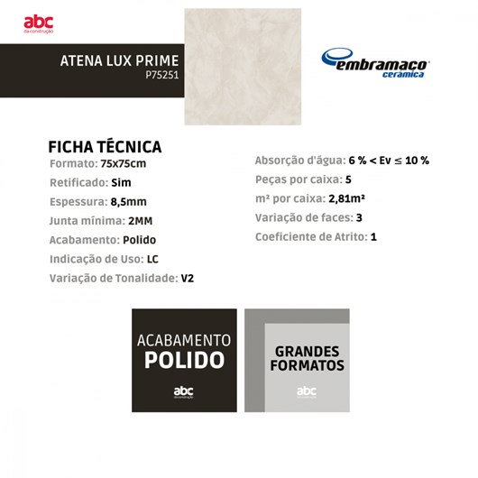 Piso Cerâmico Retificado Atena Lux Prime P75251 Embramaco 75x75 cm - Imagem principal - 8fe5e682-9886-48ef-80f6-d189975a52b8