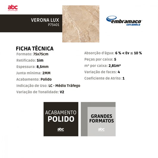 Piso Cerâmico Retificado Verona Lux A/lc Embramaco 75x75cm - Imagem principal - edecaba1-ab13-45bd-b941-4f248fc91be3