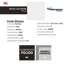 Piso Cerâmico Retificado White Lux Prime P75121 Embramaco 75x75 cm