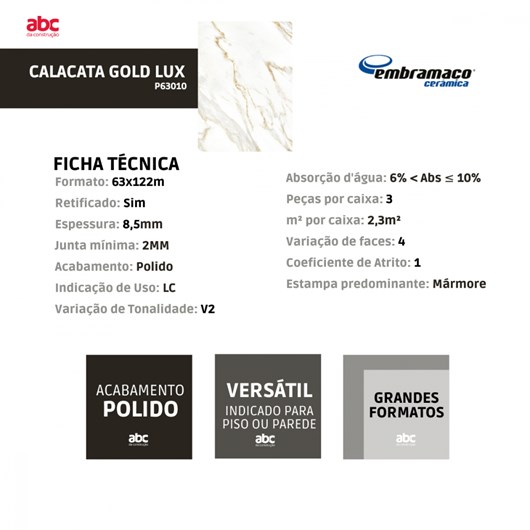 Piso Embramaco Calacata Gold Lux 63x122cm Retificado - Imagem principal - 031221b5-9ab6-490d-9146-5597255b591a
