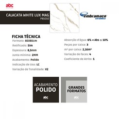 Piso Embramaco Calacata White Lux Mag P85050 85x85cm Retificado