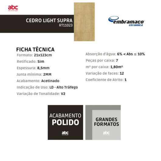 Piso Embramaco Cedro Light Supra Rt11023 21x123cm Retificado - Imagem principal - 53813f6d-e38a-4139-9787-d4e481072b17