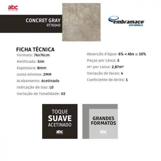Piso Embramaco Concret Gray 76x76cm Retificado - Imagem principal - 50f1d0be-1501-4954-af65-b8c19548b998