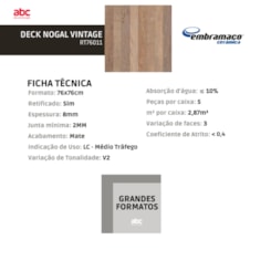 Piso Embramaco Deck Nogal Vintage Mate 76x76cm Retificado