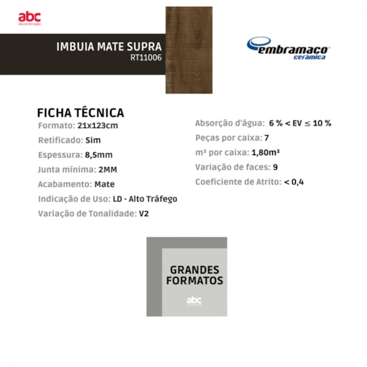 Piso Embramaco Imbuia Mate Supra 21x123cm Retificado  - Imagem principal - a0ffc5d7-c160-4276-afac-b5cf70b8ebef