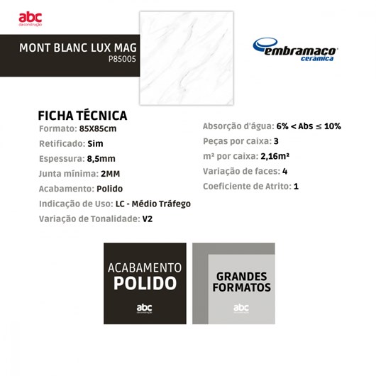Piso Embramaco Mont Blanc Lux Mag 85x85cm Retificado  - Imagem principal - 7a8ea87a-c153-4654-8406-43063d11954c