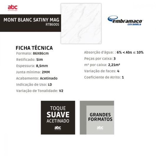 Piso Embramaco Mont Blanc Satiny Mag 86x86cm Retificado - Imagem principal - 0ab7d68f-ba02-44d4-9702-ea166d795d1a