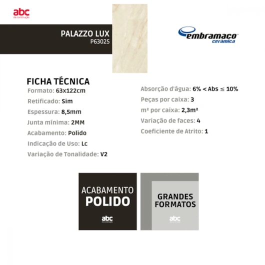 Piso Embramaco Palazzo Lux P63025 63x122cm Retificado - Imagem principal - 6343bda9-56ba-43d9-975c-86c2b5d53ca6
